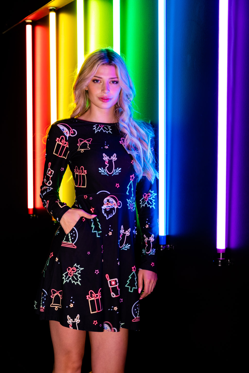 The Naughty Neon Noel | Neon Lights Christmas Skater Dress - Shinesty