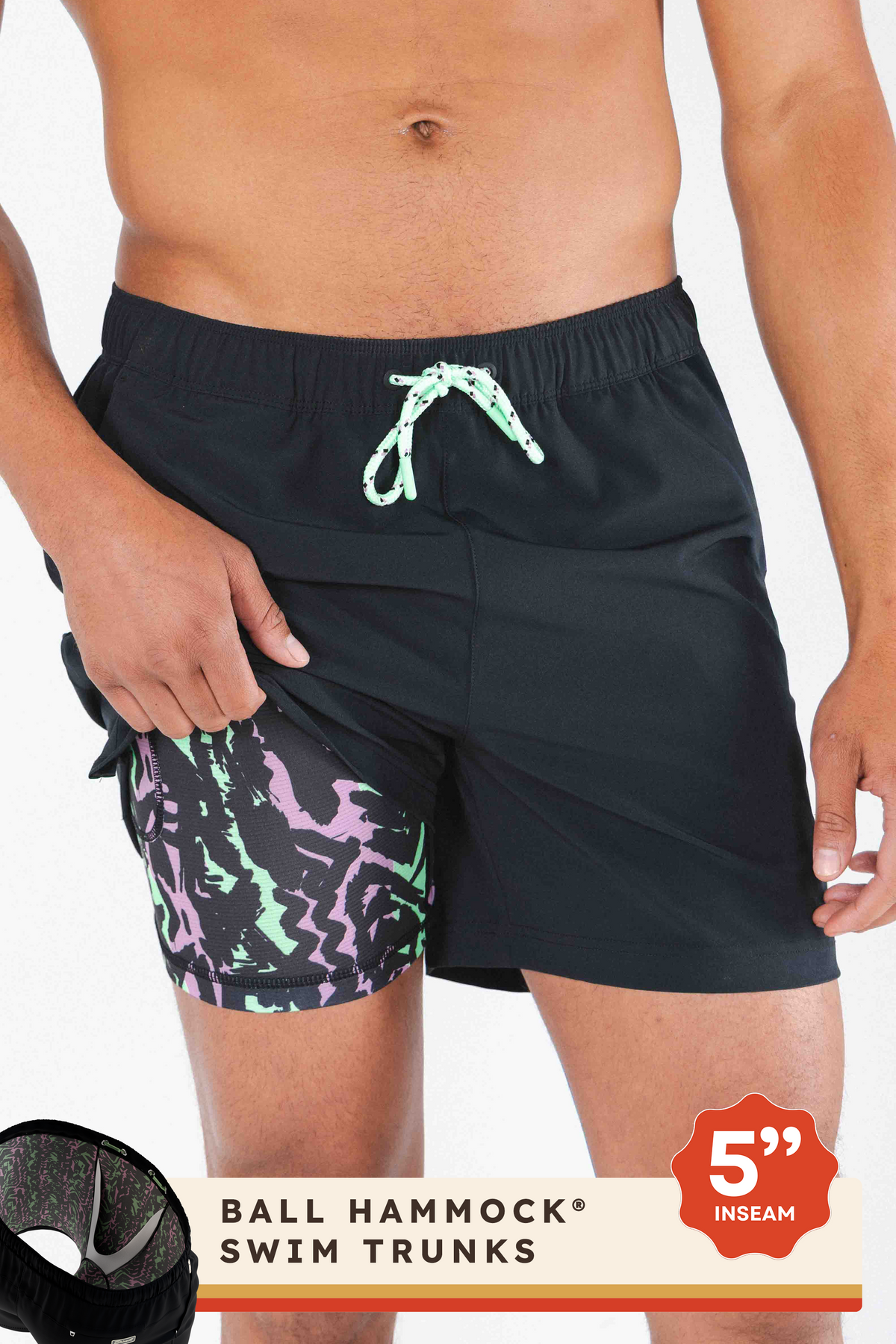 The Funky Fresh | Black and Neon Tribal Ball Hammock® Pouch 5" Swim Trunks - Shinesty