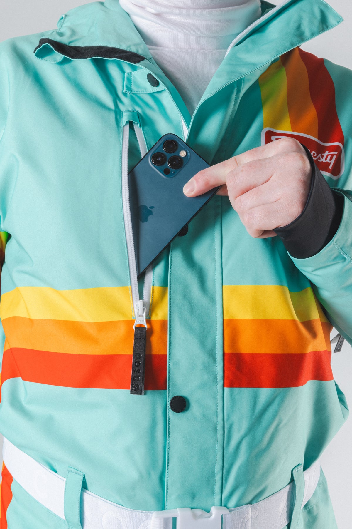 The Midday Aprés | Teal and Orange Retro Stripe One Piece Ski Suit - Shinesty