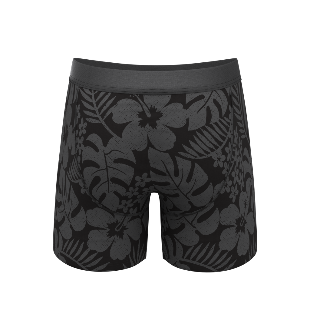 The Midnight Flora | Black Tonal Tropical Ball Hammock® Pouch Underwear With Fly - Shinesty