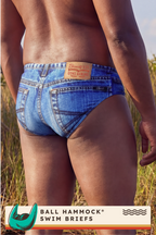 The Daytona Dong Sarong | Denim Print Ball Hammock® Pouch Swim Briefs - Shinesty