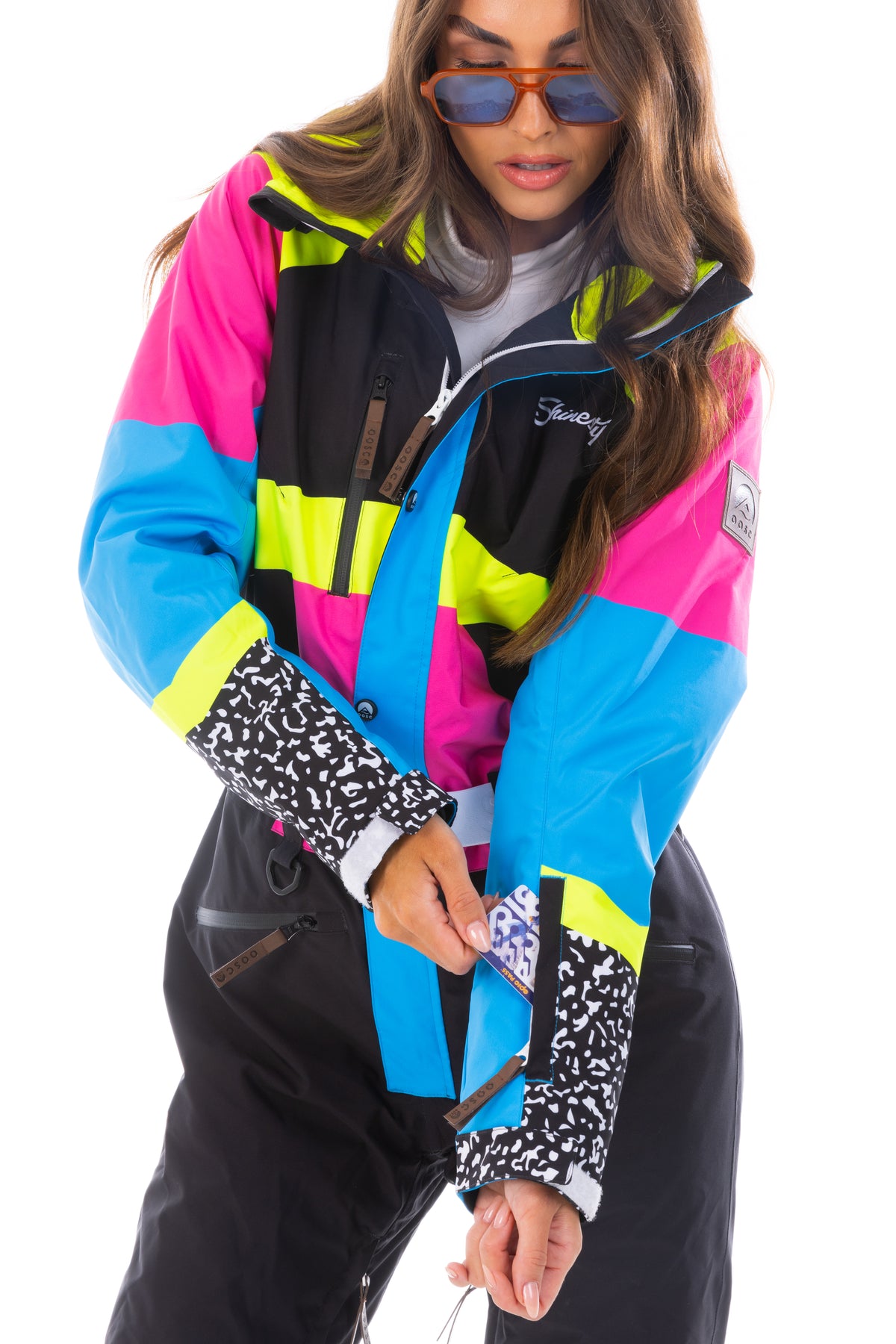 The Black Diamond | Black and Pink Retro Women's One Piece Ski Suit - Shinesty