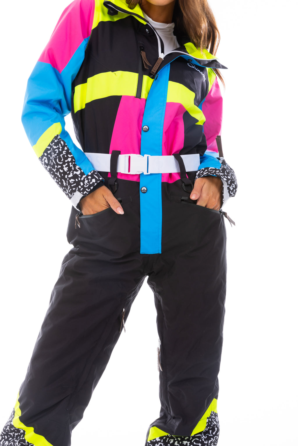 The Black Diamond | Black and Pink Retro Women's One Piece Ski Suit - Shinesty