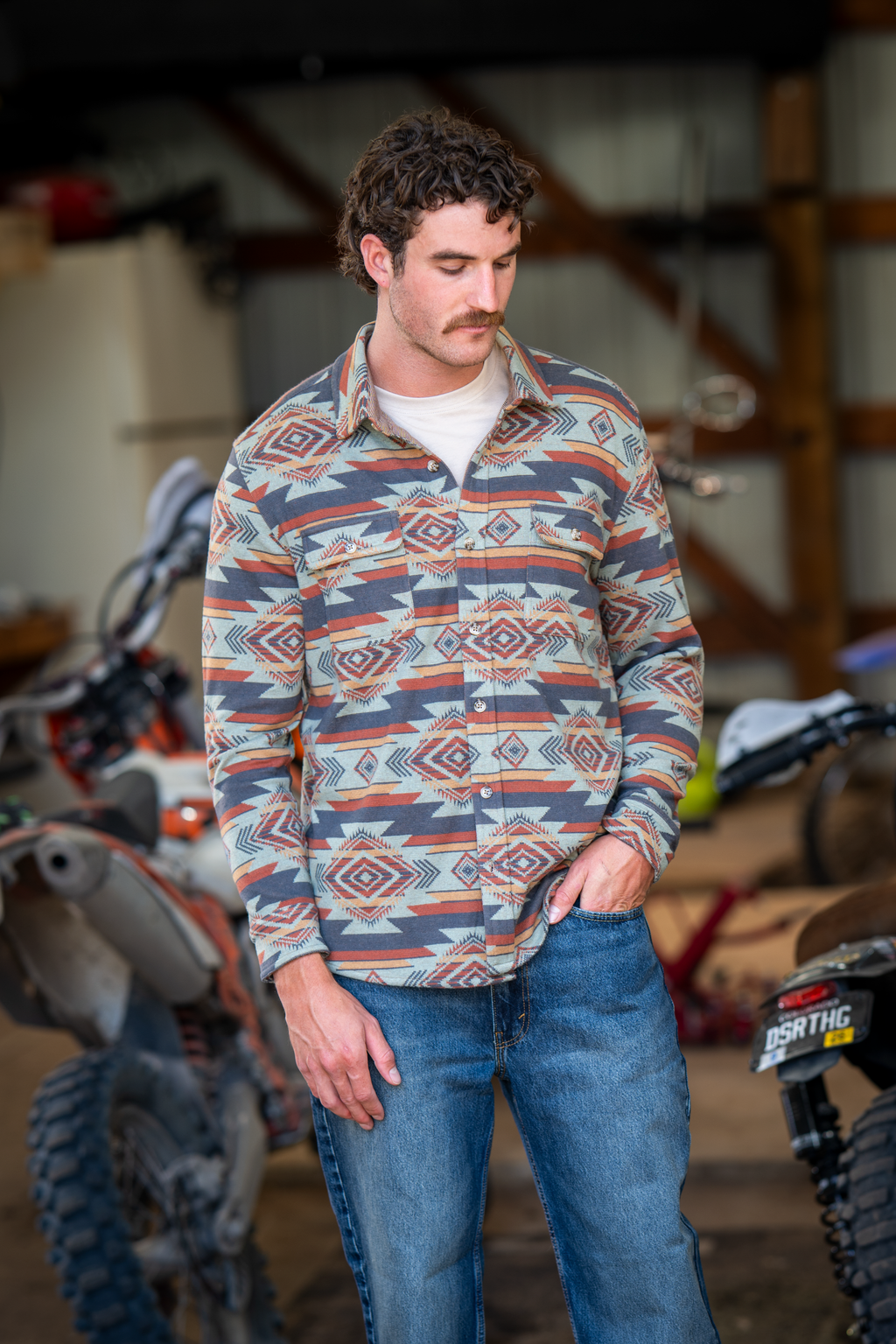 The High Desert | Blue and Orange Aztec Chinchilla Soft™ Long Sleeve Stretch Button Up Shirt - Shinesty