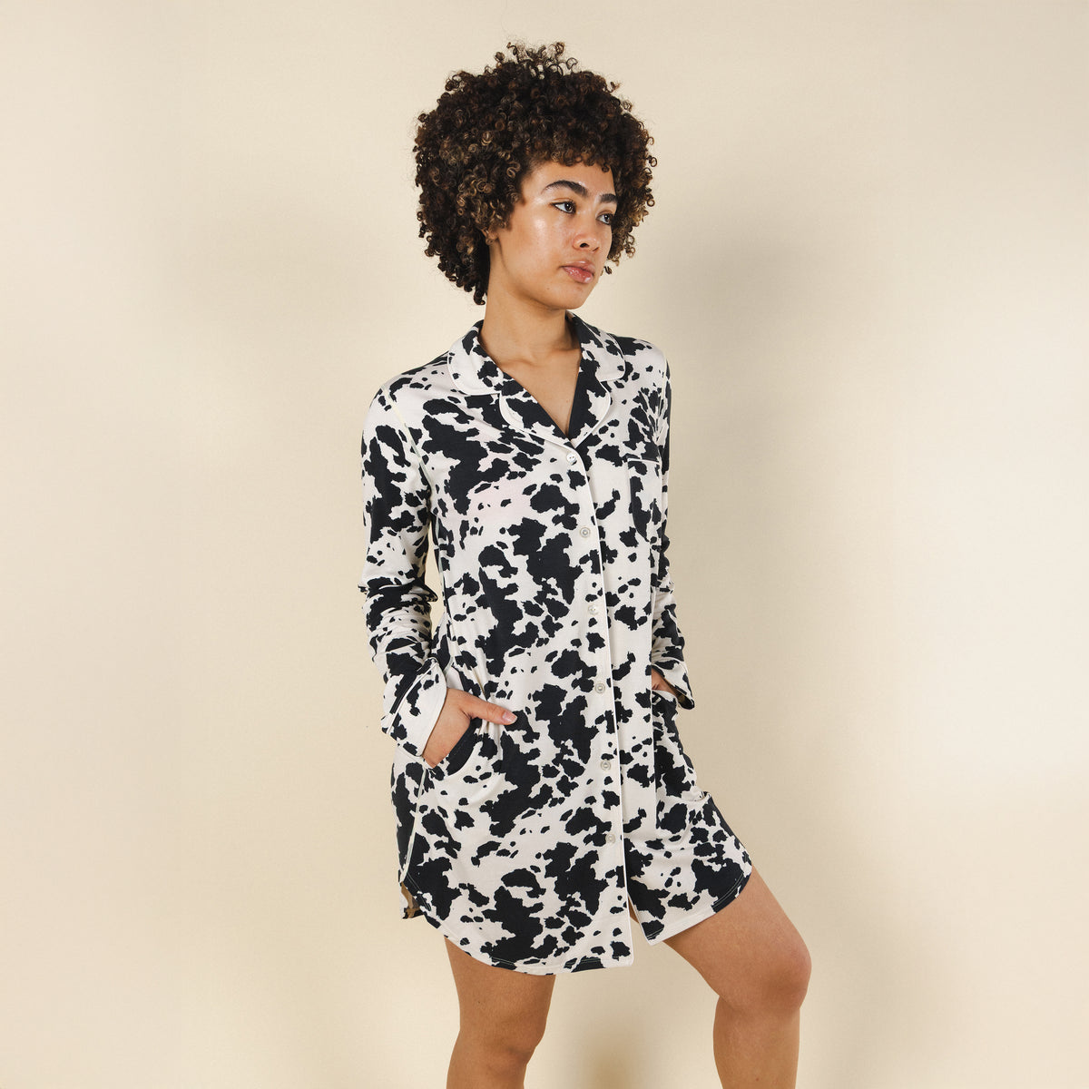 The Graze Escape | Cow Hide SleepDeep™ Long Sleeve Pajama Dress - Shinesty