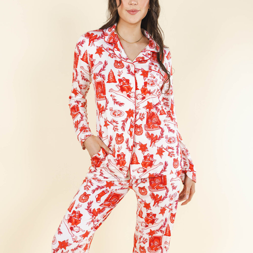 The Santa Slays | Christmas Toile SleepDeep™ Women’s Long Sleeve Pajama Set - Shinesty