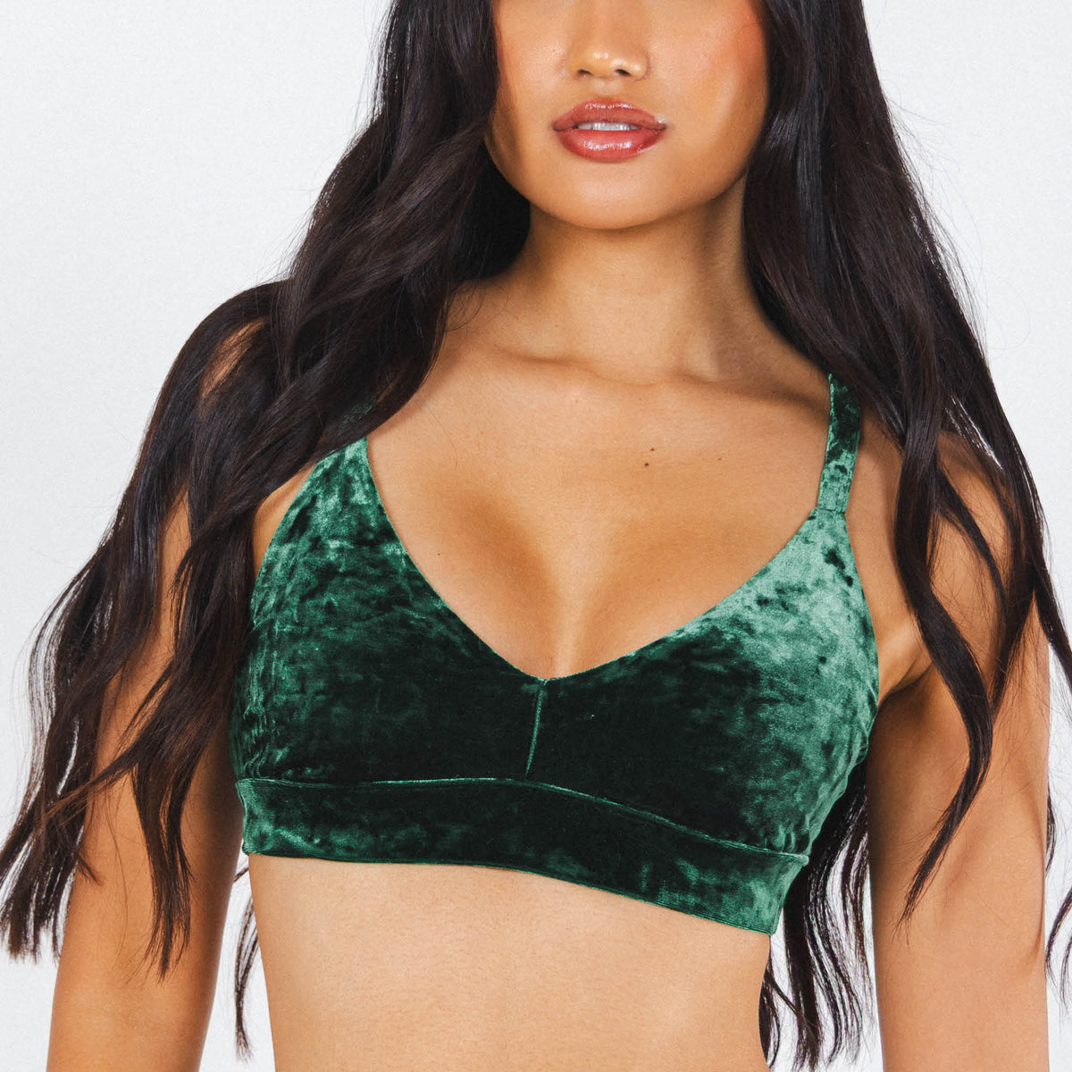 The Extravagance | Dark Green Velvet Plunge Bralette - Shinesty