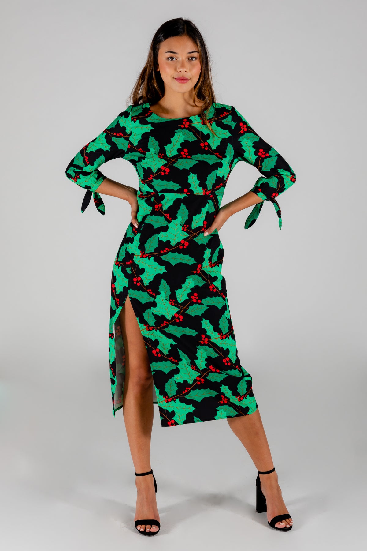 The Deck Yourselves | Holly Pattern Midi Formal Christmas Dress - Shinesty