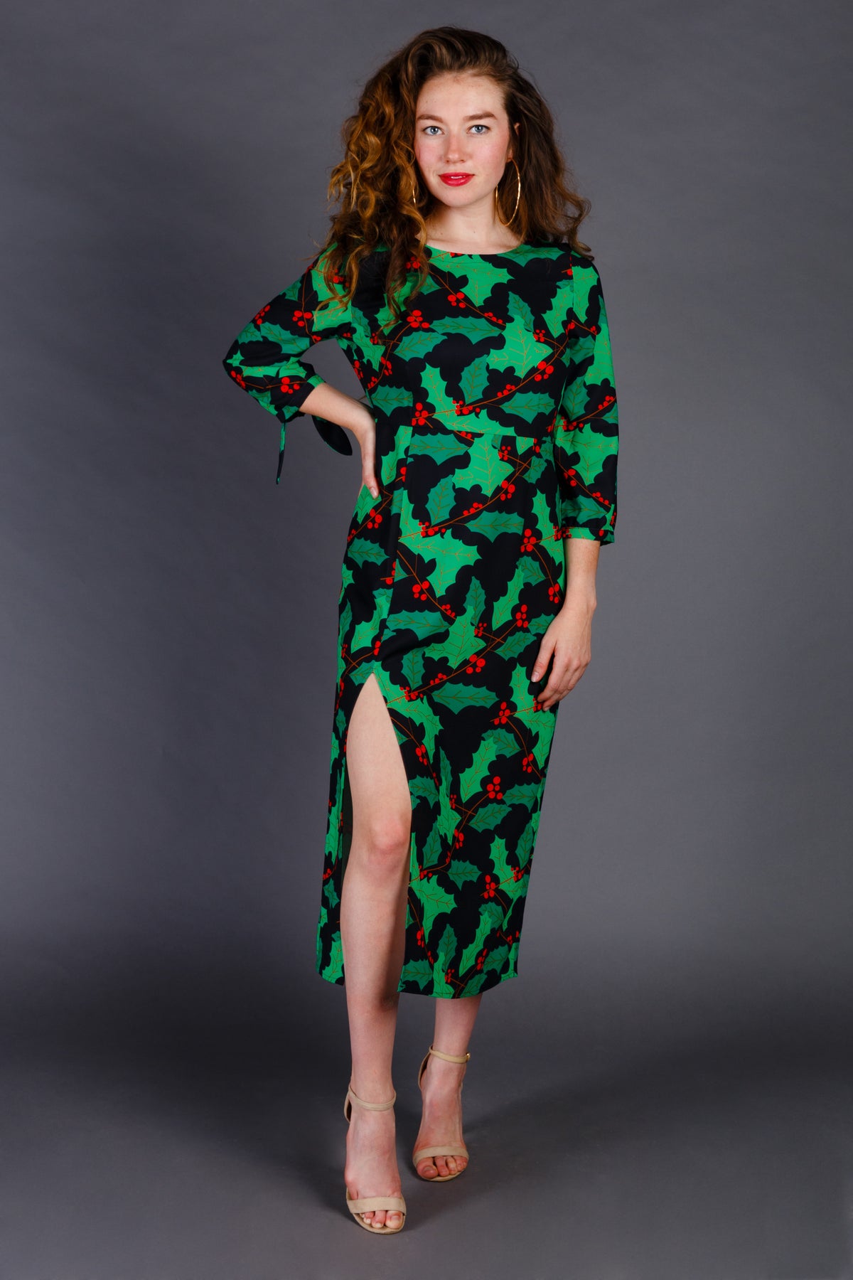 The Deck Yourselves | Holly Pattern Midi Formal Christmas Dress - Shinesty