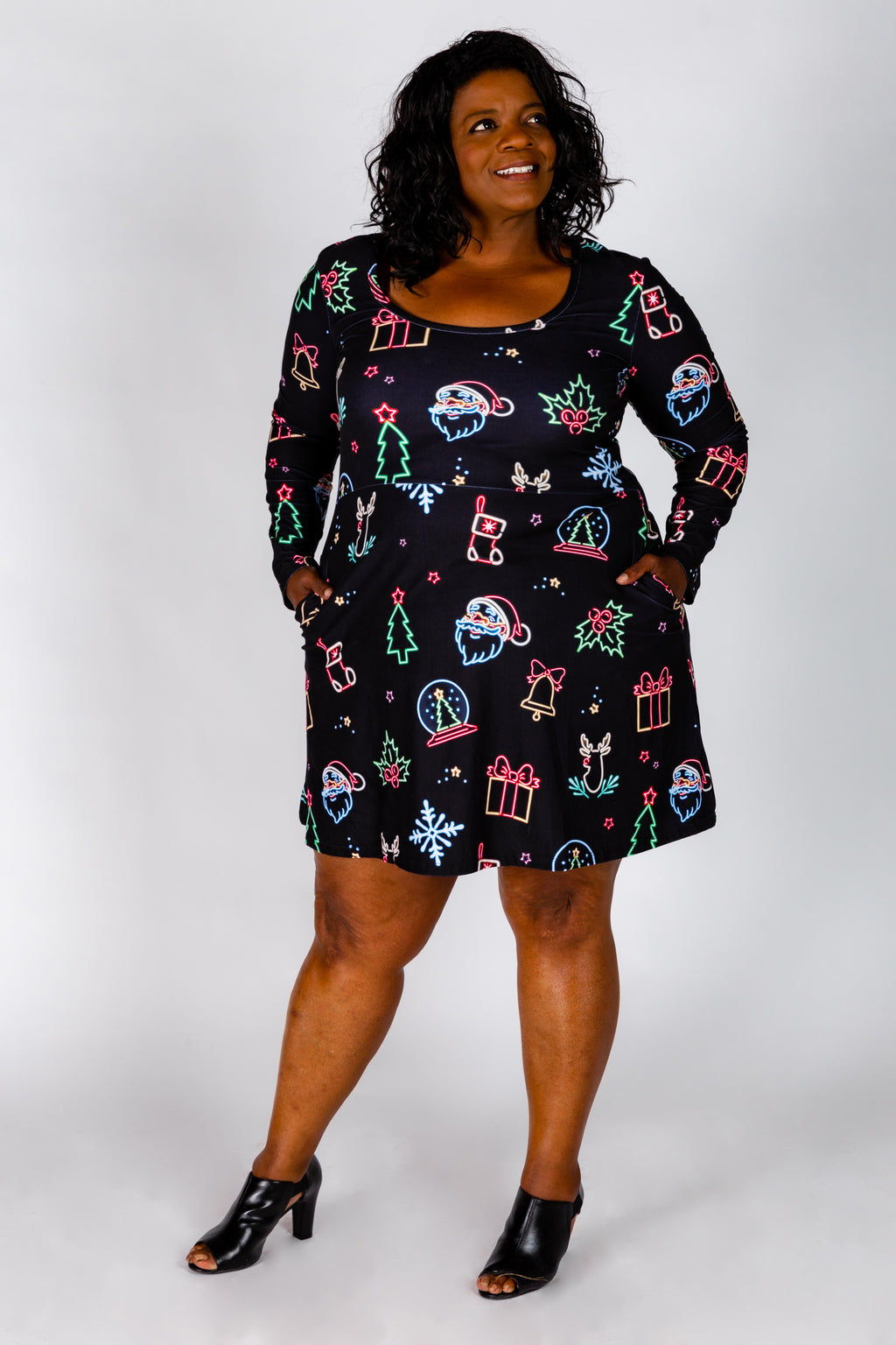 The Naughty Neon Noel | Neon Lights Christmas Skater Dress - Shinesty