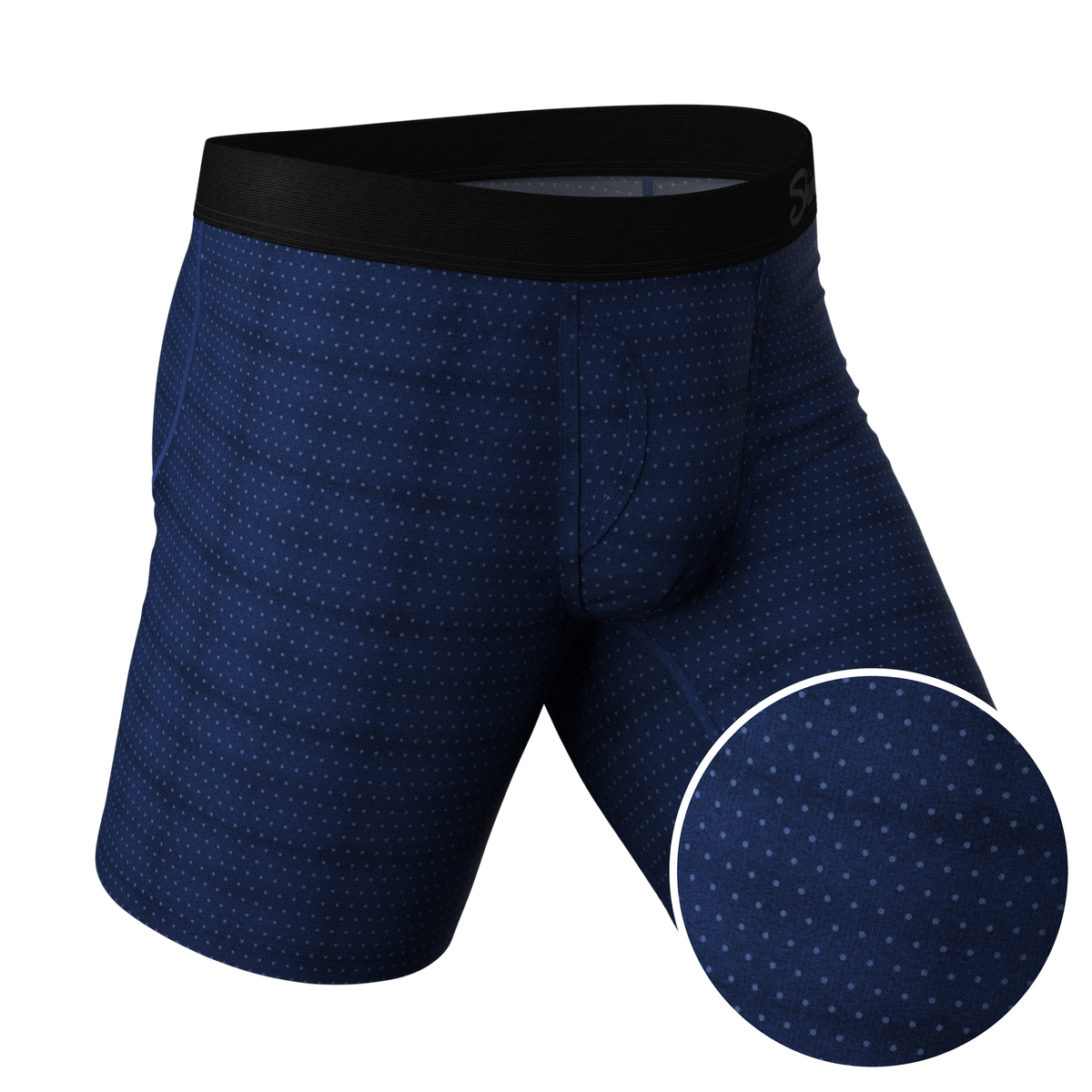 The Forget Me Not | Navy Dot Ball Hammock® Boxer - Long Leg - Shinesty