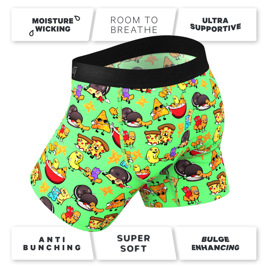 The Snackhanalia | Junk Food Ball Hammock® Pouch Underwear With Fly - Shinesty