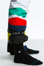The Mogul Maniac | Mens White Retro Striped Ski Suit - Shinesty