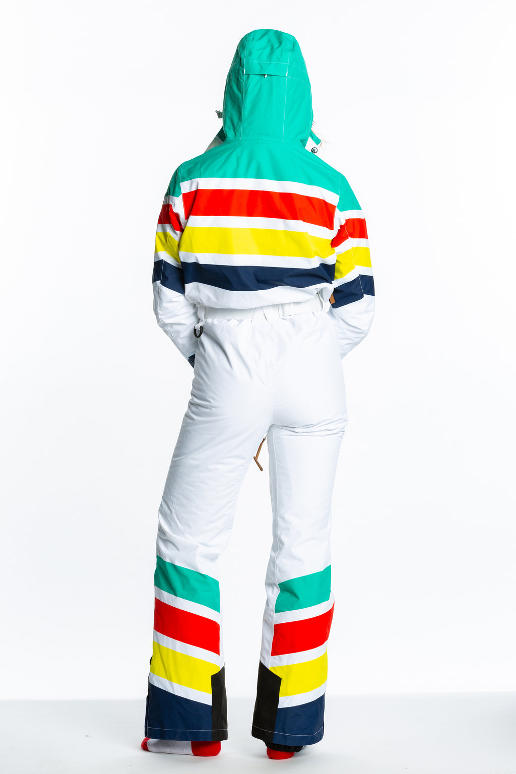 The Mogul Maniac | White Retro Striped Women's One Piece Ski Suit - Shinesty