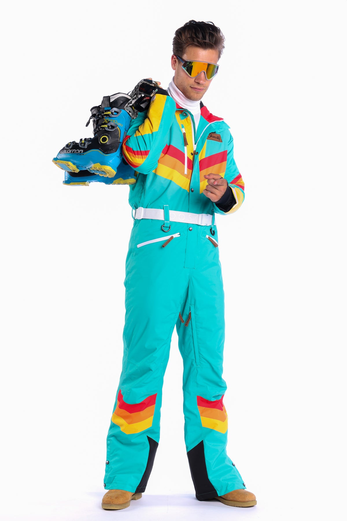 The Side Country Sender | Men's Turquoise Striped Retro Ski Suit - Shinesty