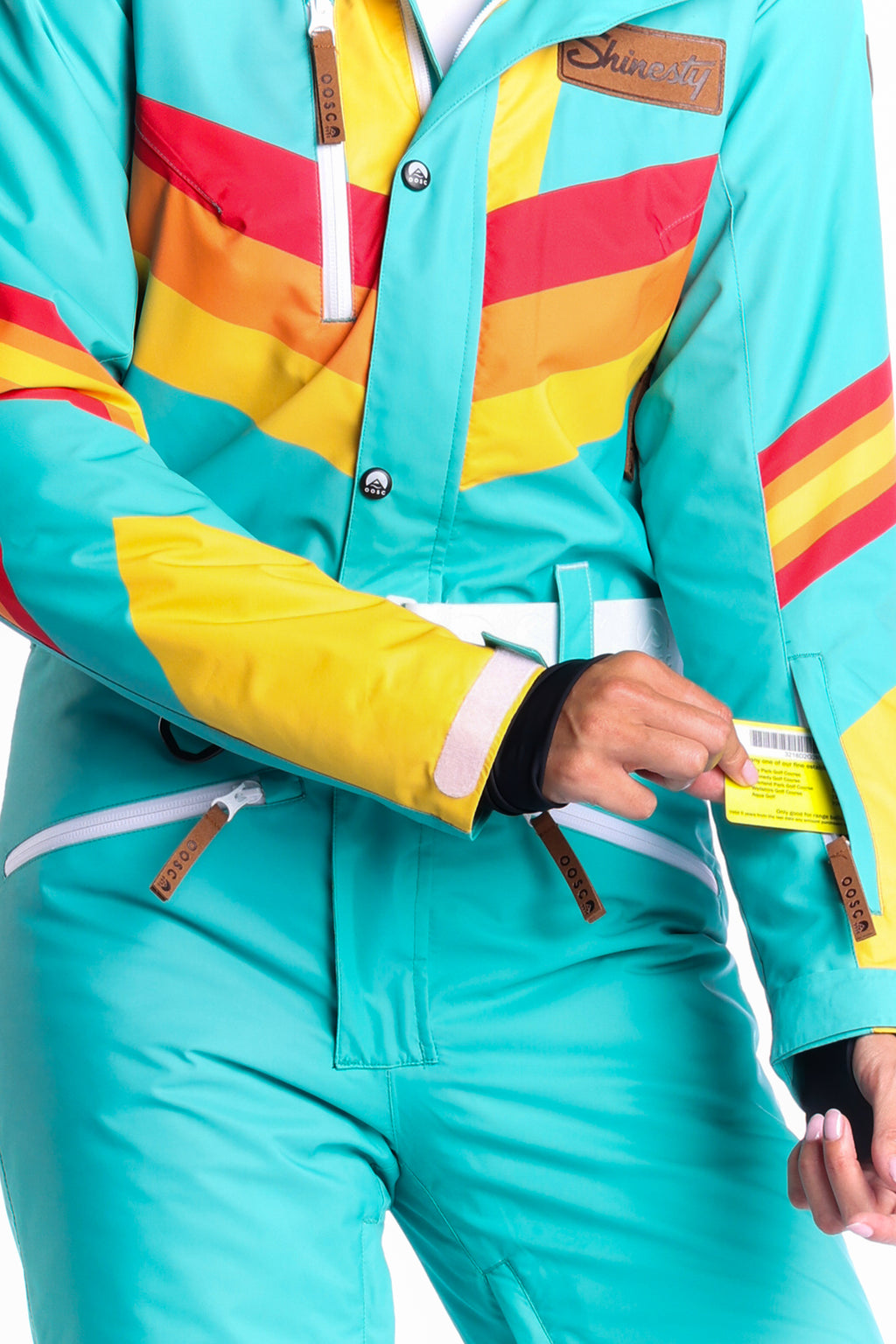 The Side Country Sender | Turquoise Striped Retro Women's One Piece Ski Suit - Shinesty